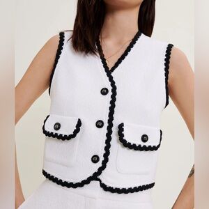 Maje White Bouclé Vest with Black Scalloped Trim